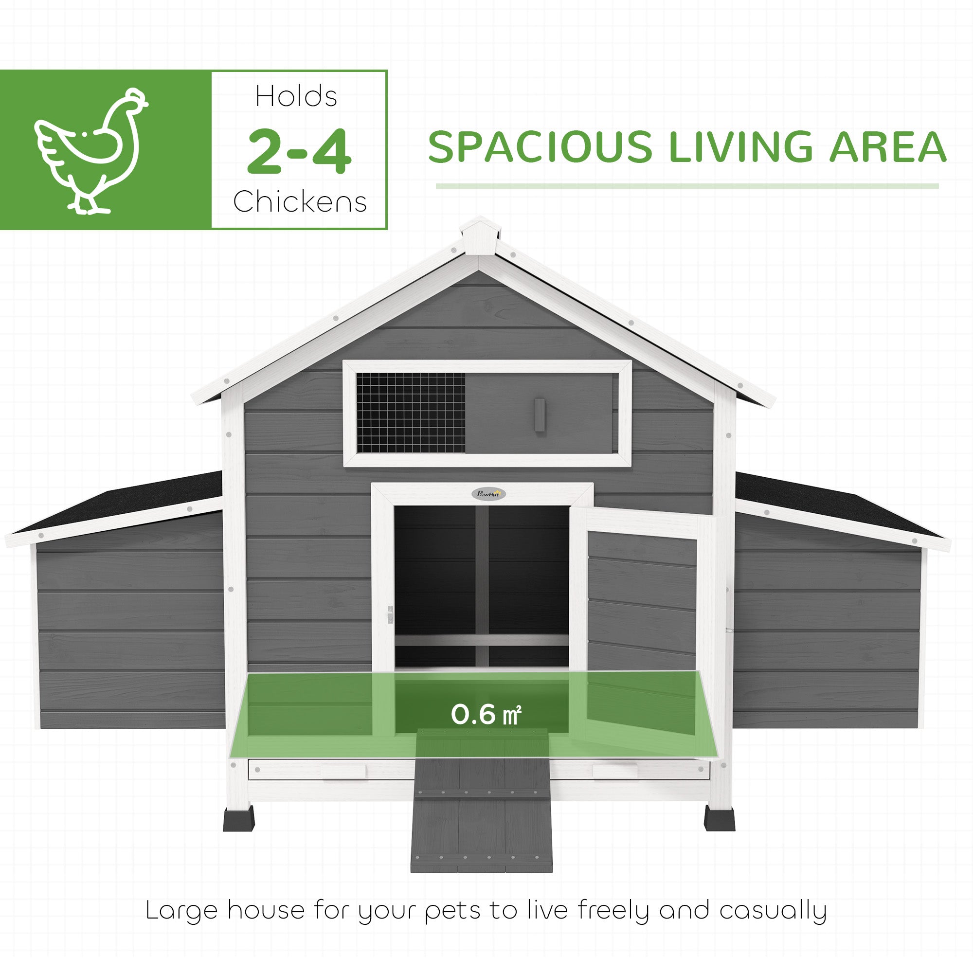 Gray and white pawhut chicken coop wooden hen house with nesting box spacious for 2-4 chickens outdoors
