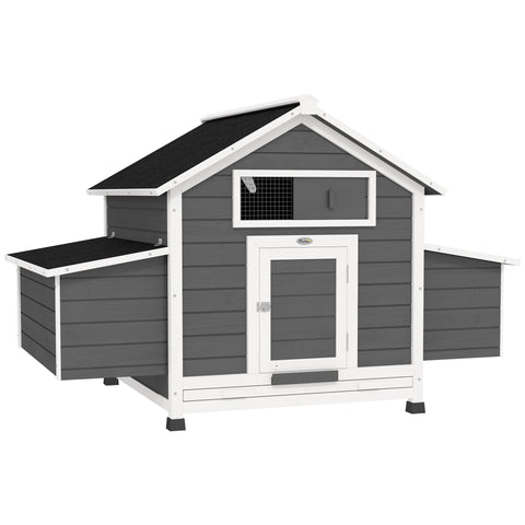 Gray and white wooden pawhut chicken coop with black roof and side extensions for outdoor hen house use