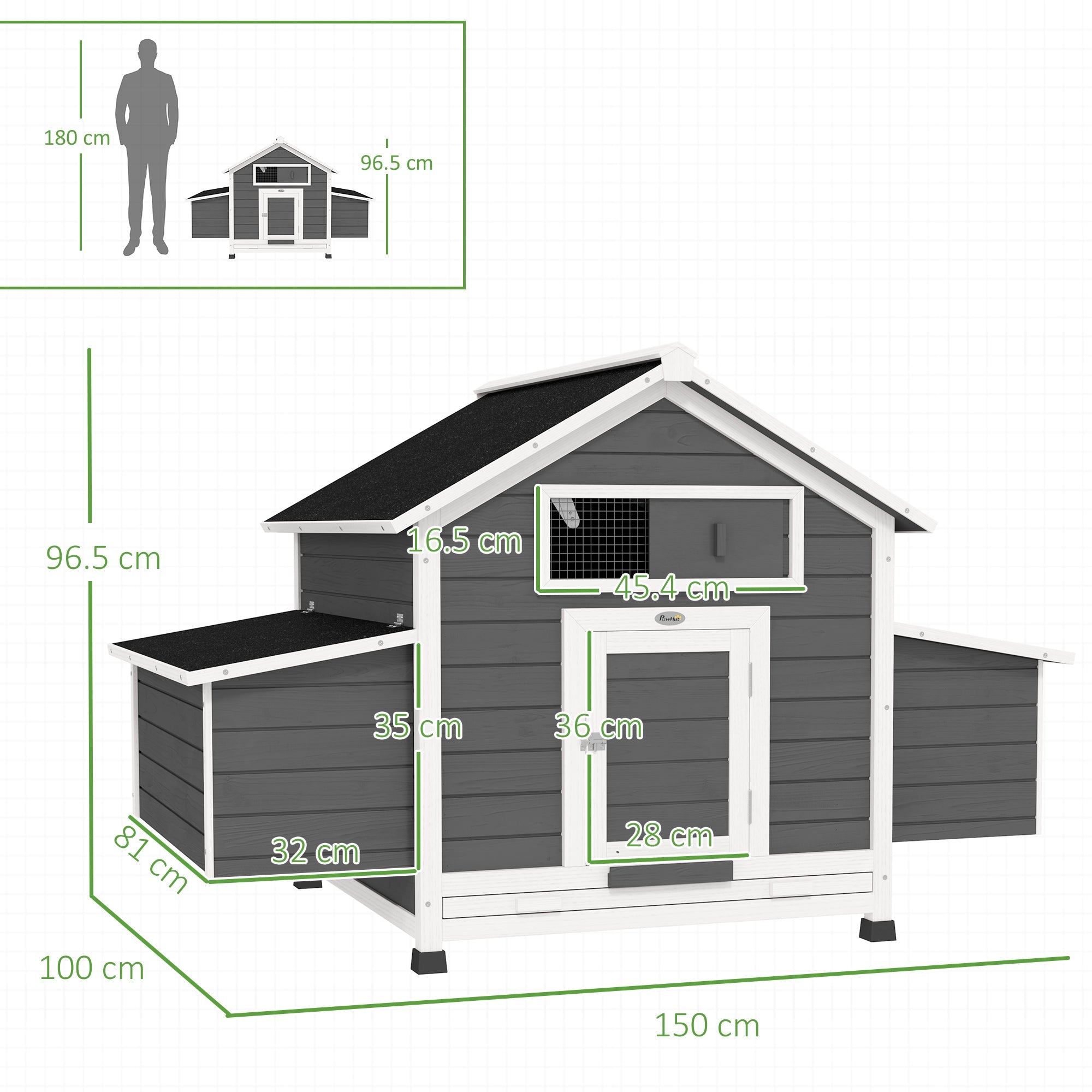 Gray and white wooden pawhut chicken coop with black roof featuring nesting box and waterproof top for outdoor use
