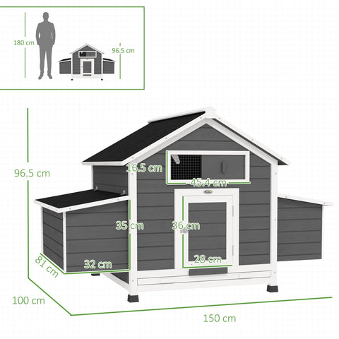 Gray and white wooden pawhut chicken coop with black roof featuring nesting box and waterproof top for outdoor use