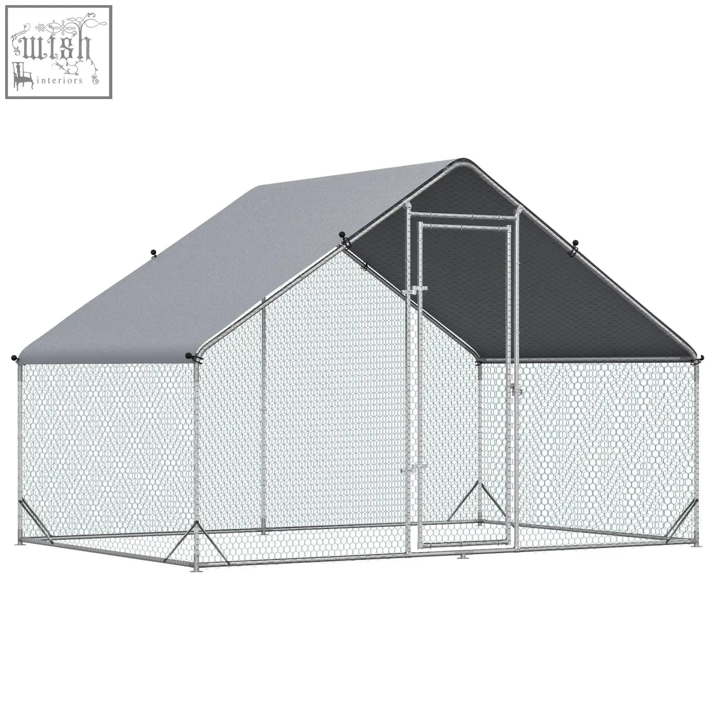 Gray fabric roofed solid galvanized chicken coop with wire mesh walls and metal frame for pet playpen and garden use