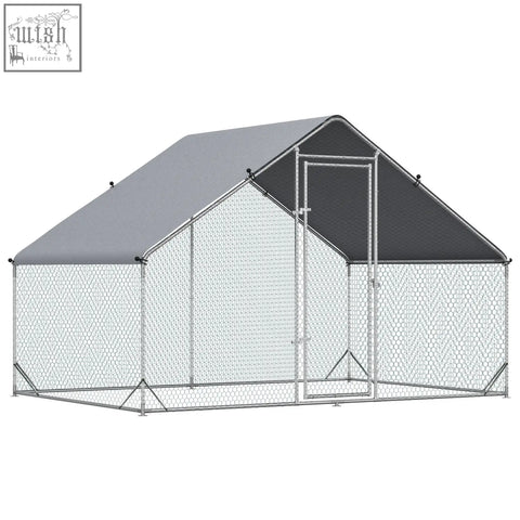 Gray fabric roofed solid galvanized chicken coop with wire mesh walls and metal frame for pet playpen and garden use