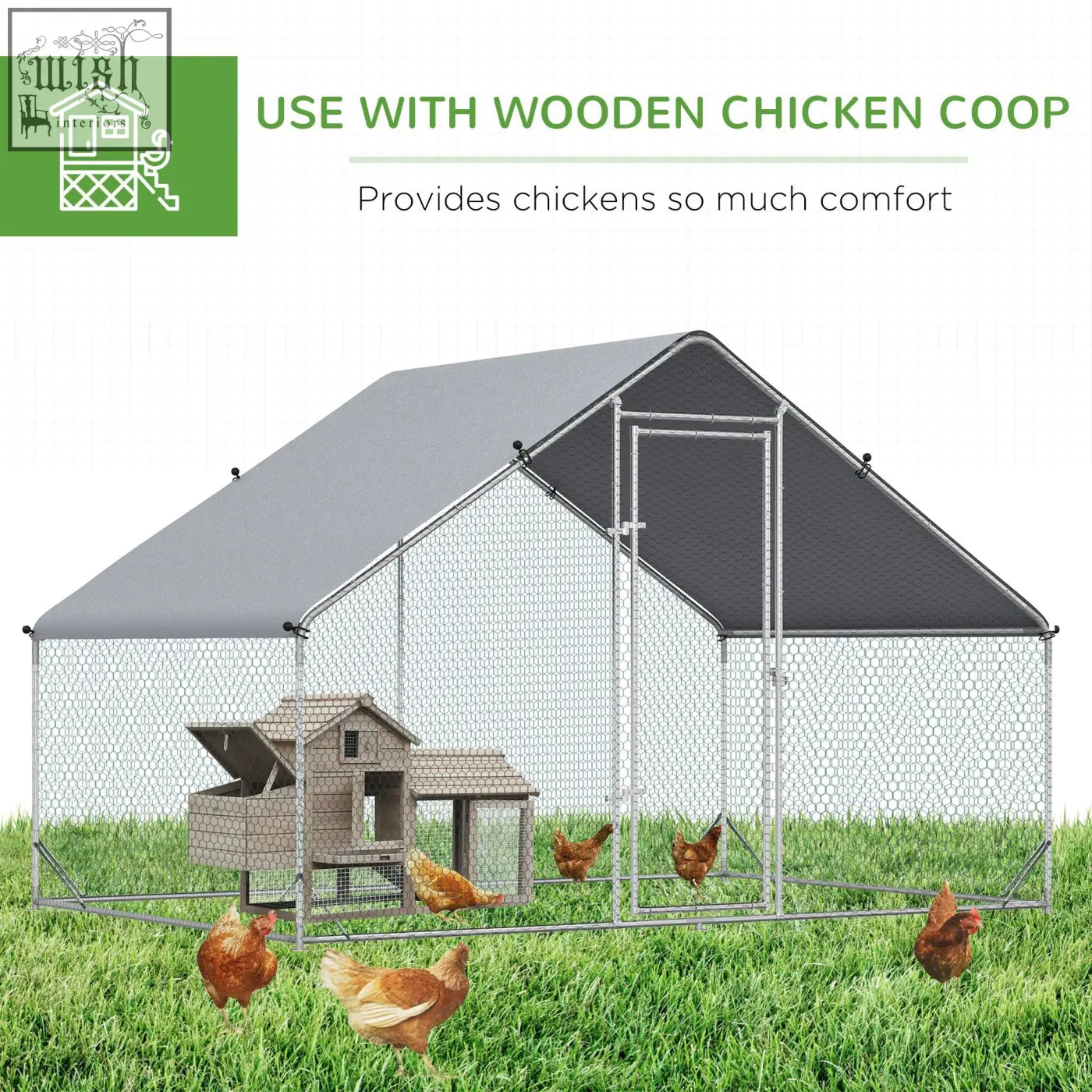 Gray solid galvanized chicken coop with wooden nesting box and wire mesh walls for poultry and rabbits garden use