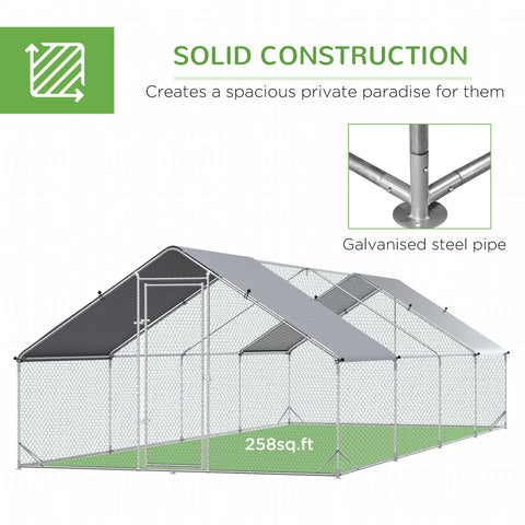 Pawhut chicken run galvanised steel pipe chicken coop with gray roof and chain-link fencing for poultry housing
