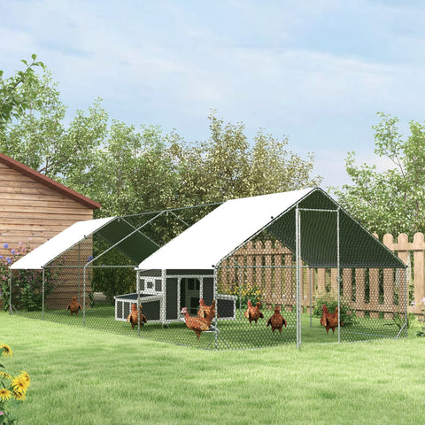 Black and white pawhut chicken coop with green mesh sides and white roof made of galvanised steel chicken run with chicks inside