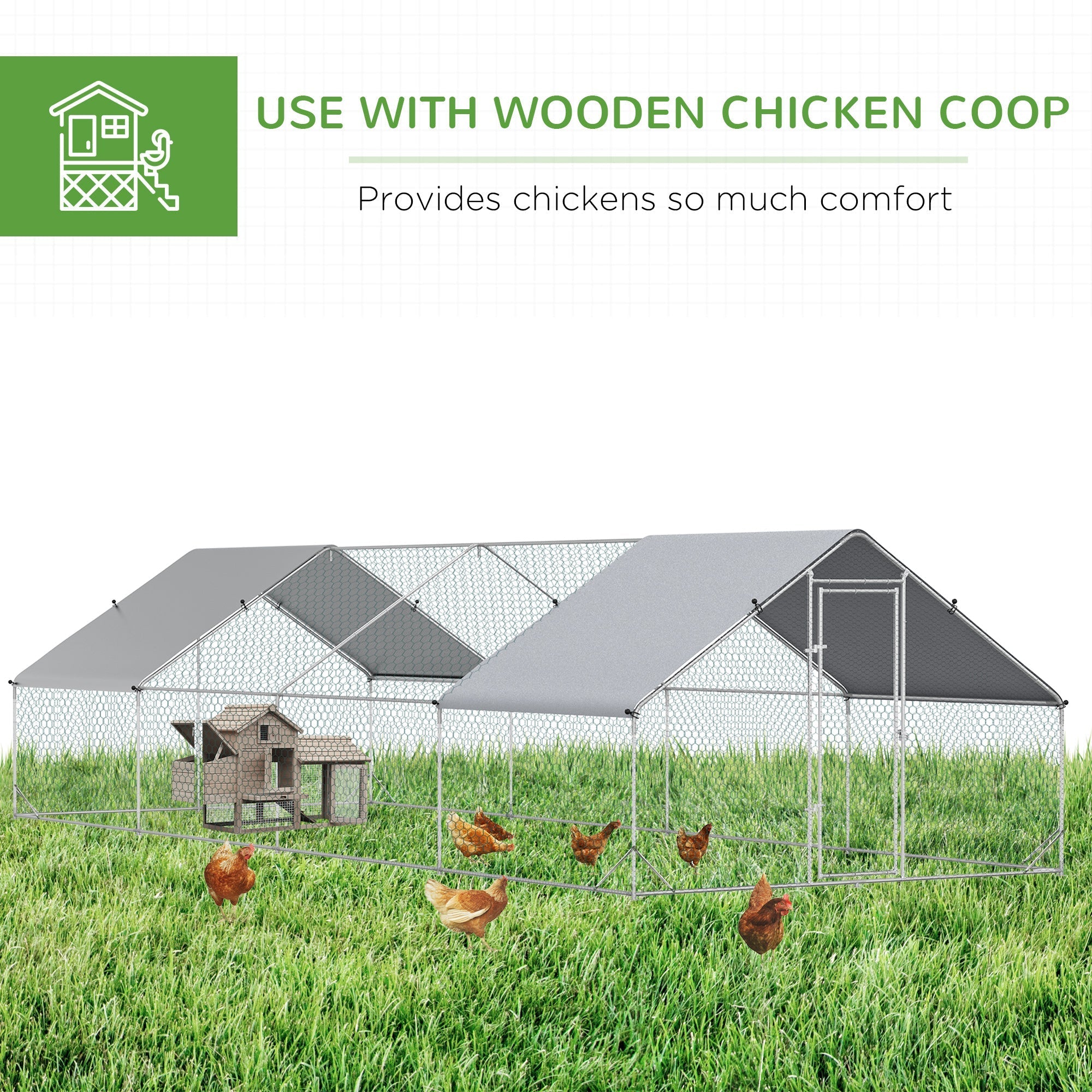 Gray galvanised steel chicken coop with wooden nesting box and chain link fencing chicken run for poultry use