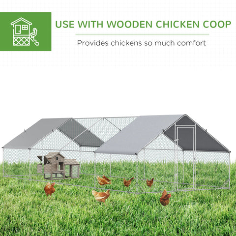 Gray galvanised steel chicken coop with wooden nesting box and chain link fencing chicken run for poultry use