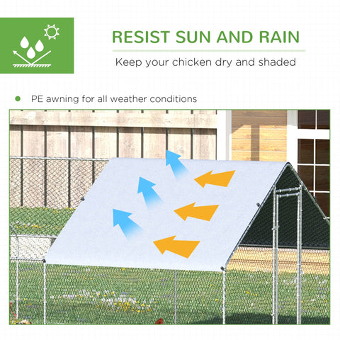 White pe awning with triangular design attached to a galvanised steel frame for pawhut chicken run coop protection