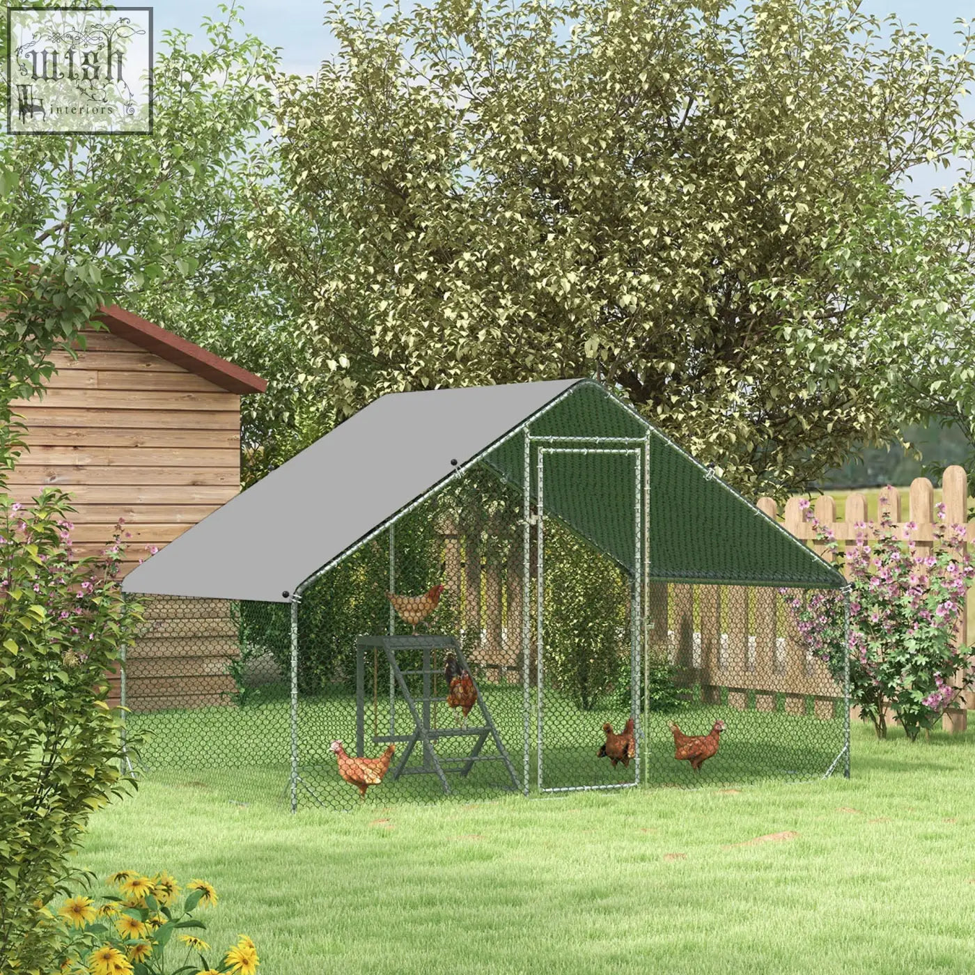 Gray and green solid galvanized chicken coop with wire mesh walls and slanted roof for garden pets and poultry