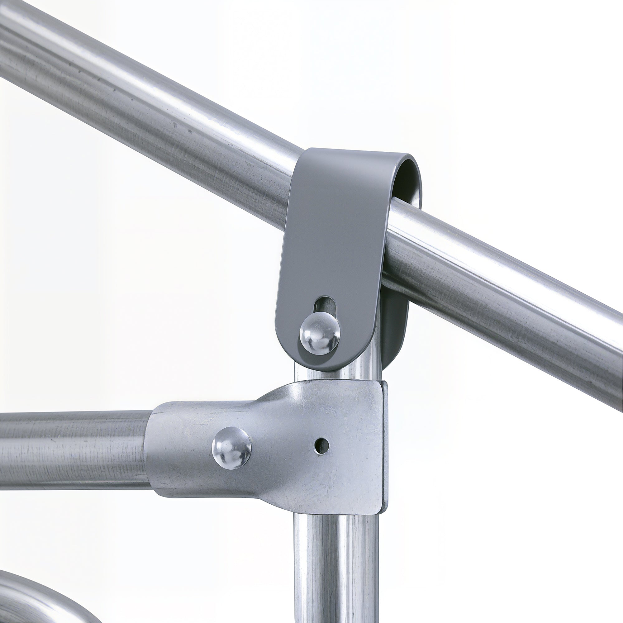 Silver galvanised steel pipe joint with gray clamp securing tubes on the pawhut chicken run chicken coop frame