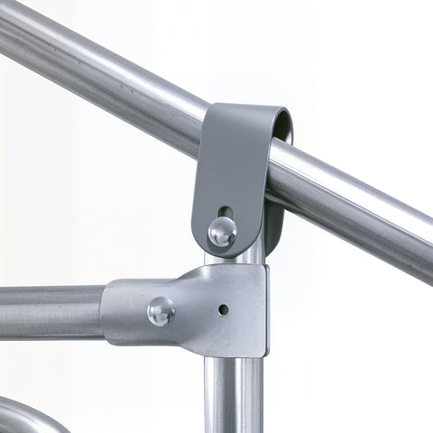 Silver galvanised steel pipe joint with gray clamp securing tubes on the pawhut chicken run chicken coop frame