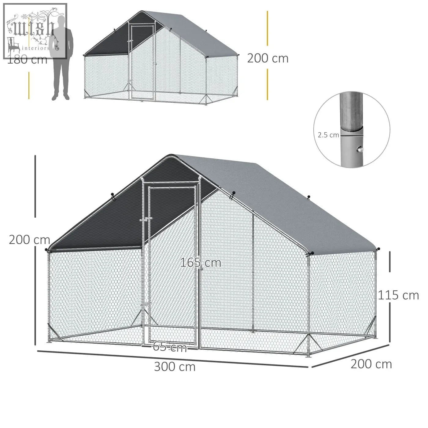 Gray and black solid galvanized chicken coop with wire mesh walls and peaked roof for outdoor poultry and rabbits