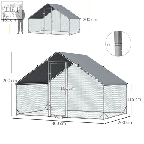 Gray and black solid galvanized chicken coop with wire mesh walls and peaked roof for outdoor poultry and rabbits