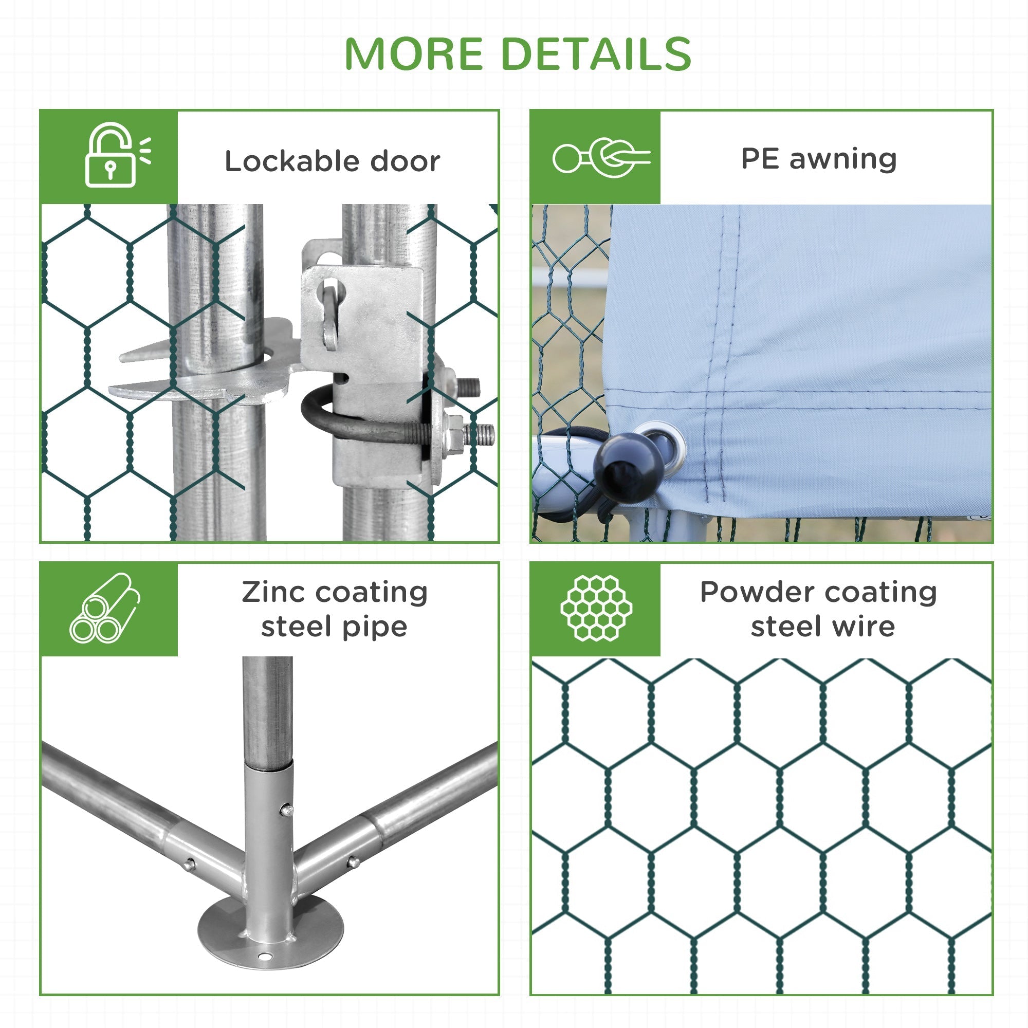 Silver zinc-coated galvanised steel chicken run with lockable door and green powder-coated hexagonal mesh for poultry housing