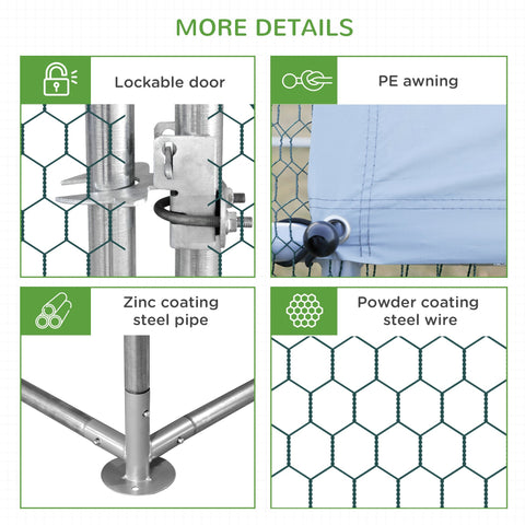 Silver zinc-coated galvanised steel chicken run with lockable door and green powder-coated hexagonal mesh for poultry housing