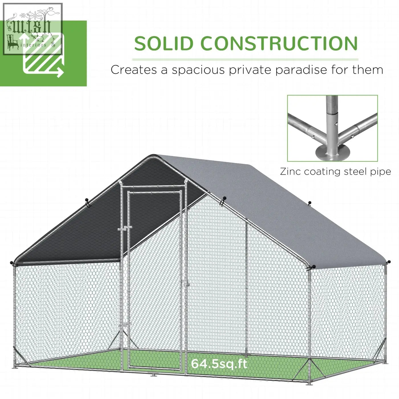 Gray and black solid galvanized chicken coop with zinc steel frame and wire mesh walls for poultry and pets