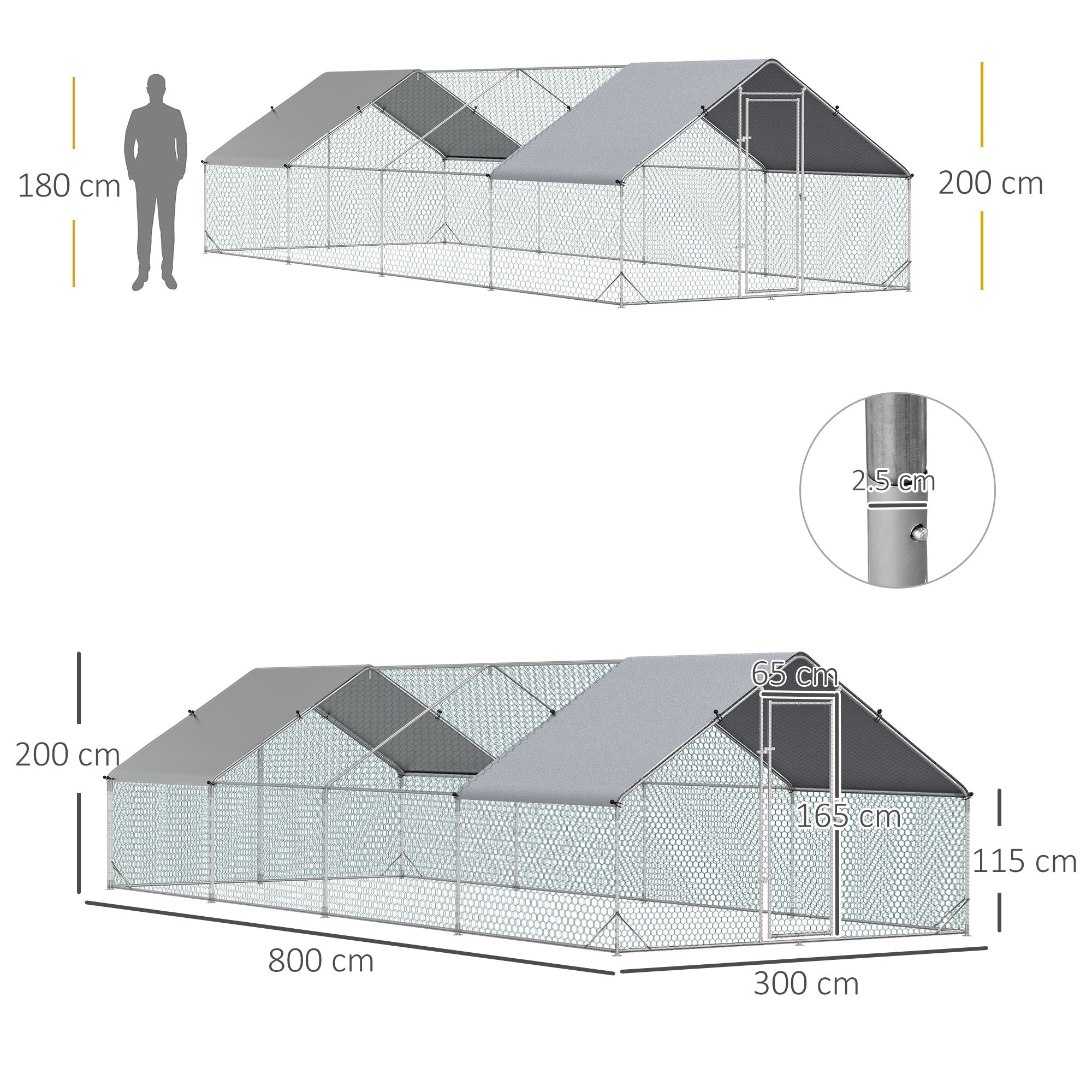 Silver galvanised steel chicken run with gray fabric roof panels for pawhut walk-in chicken coop and rabbit hutch