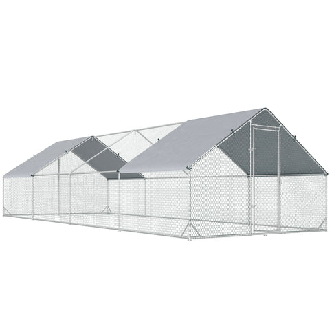 Silver galvanised steel chicken run with gray mesh roof and chain-link fencing for poultry housing and rabbits