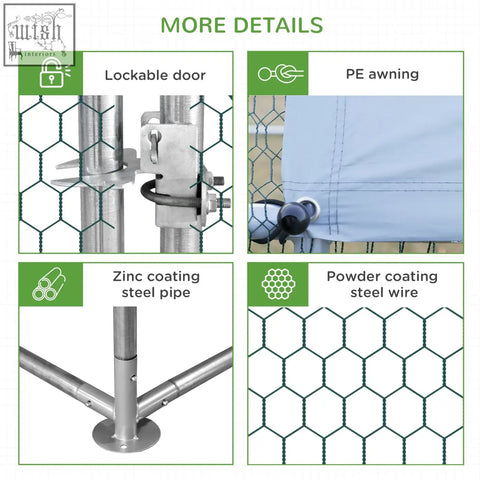 Silver zinc-coated solid galvanized steel chicken coop with lockable door and green powder-coated wire mesh walls