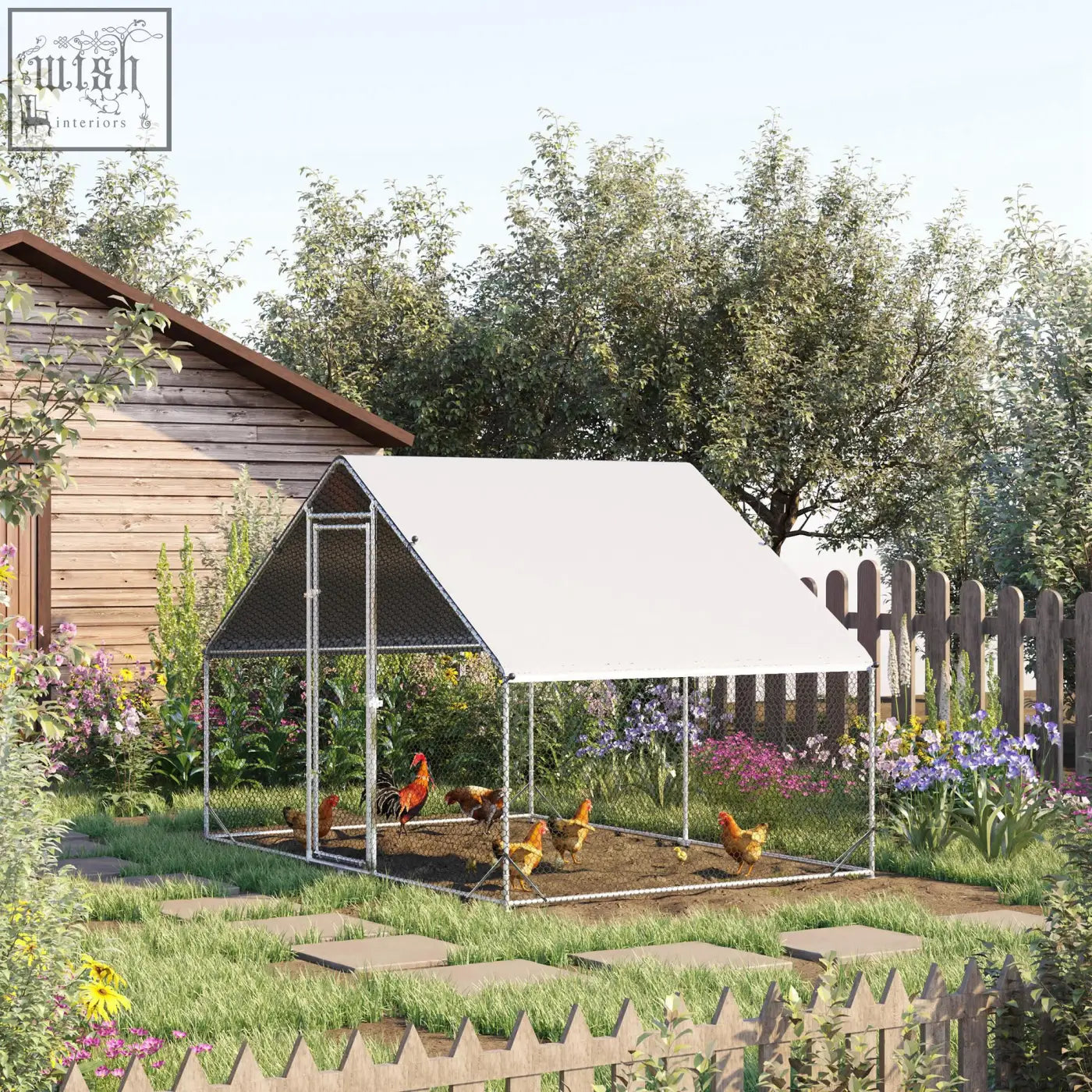 White roofed solid galvanized chicken coop with metal frame and wire mesh walls for garden poultry housing