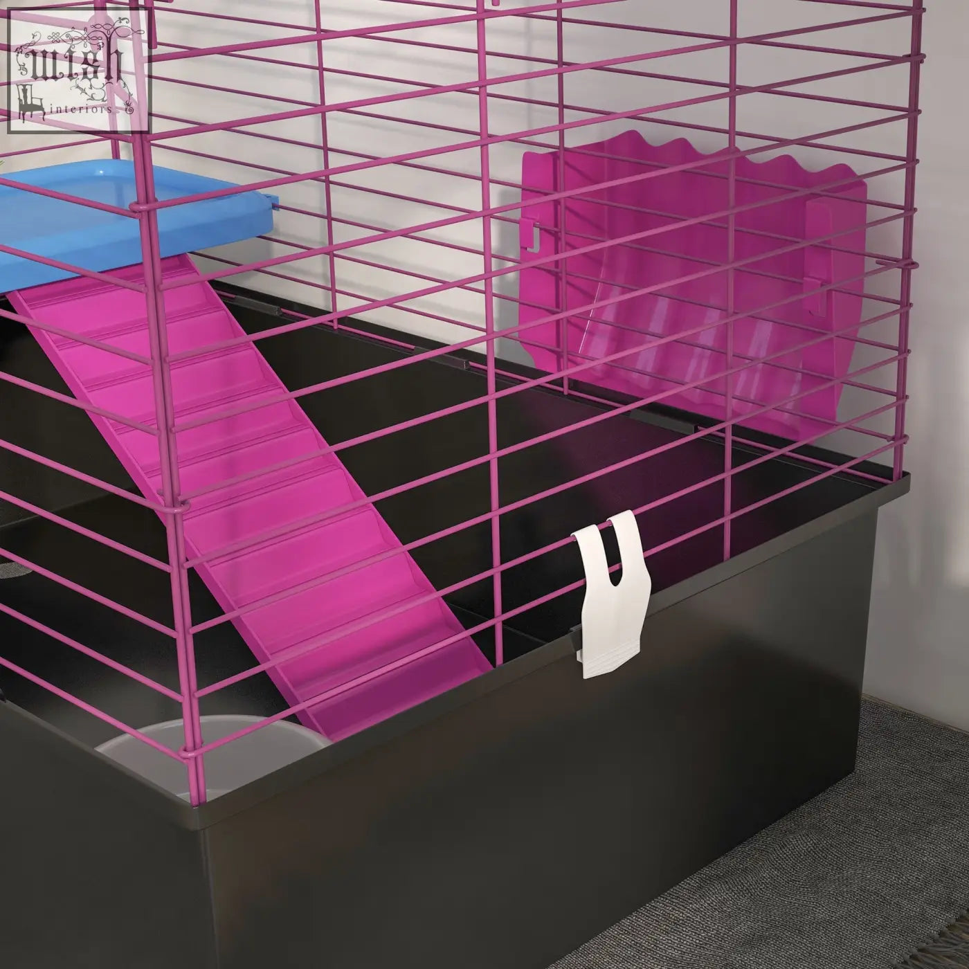 Pink wire cage with black base and colorful accessories including water bottle and hay feeder 71l x 46wcm pawhut small animal cage