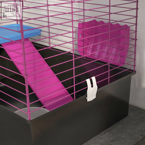 Pink wire cage with black base and colorful accessories including water bottle and hay feeder 71l x 46wcm pawhut small animal cage