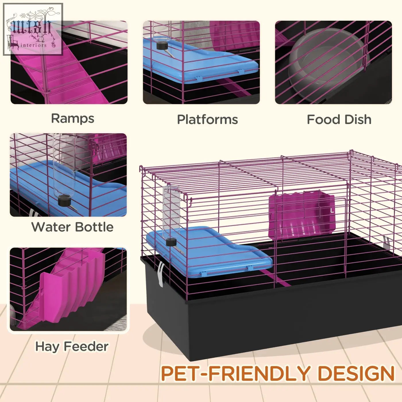 Purple and blue plastic water bottle and hay feeder accessories for pawhut small animal cage 71l x 46wcm black wire