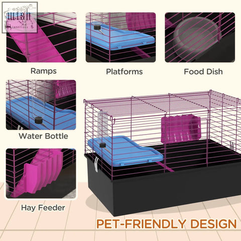 Purple and blue plastic water bottle and hay feeder accessories for pawhut small animal cage 71l x 46wcm black wire