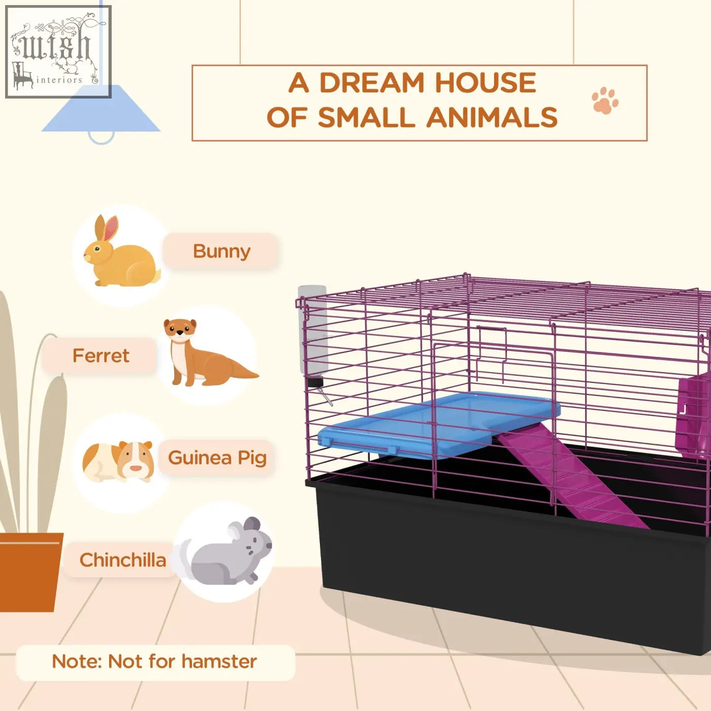 Purple wire cage with blue and pink accessories for small animals includes water bottle and hay feeder 71l x 46wcm