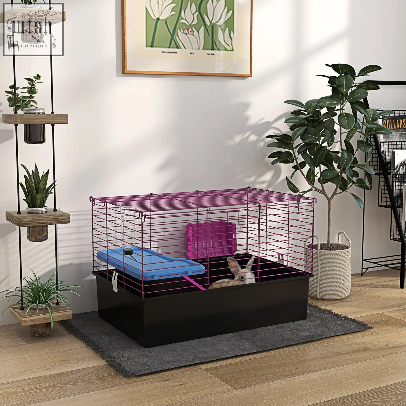 Pawhut chinchillas small animal cage with purple wire, black base, blue platform, ramp, 71l x 46wcm, includes hay feeder and water bottle