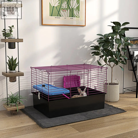 Pawhut chinchillas small animal cage with purple wire, black base, blue platform, ramp, 71l x 46wcm, includes hay feeder and water bottle