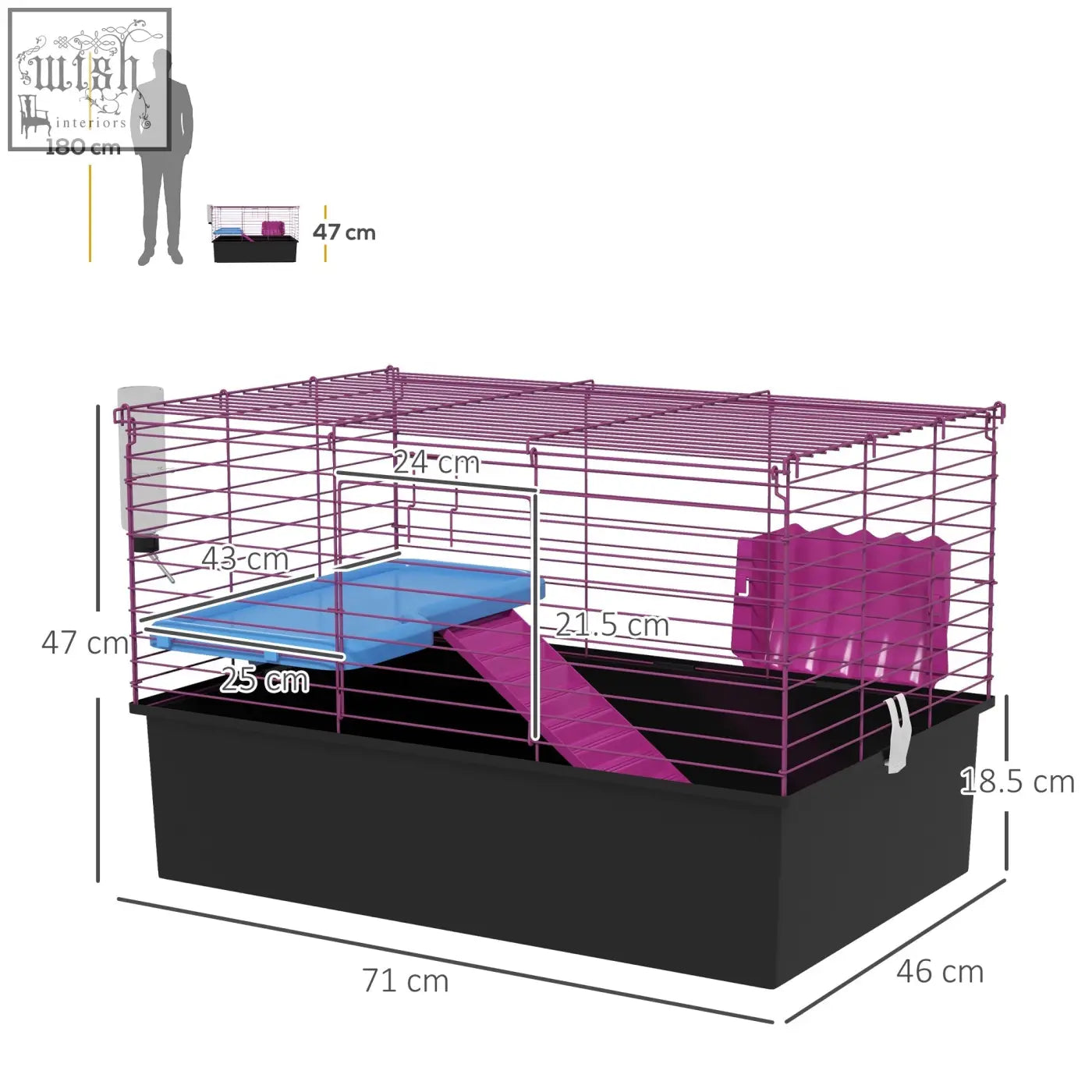 Pawhut purple wire cage with black base and blue pink accessories includes water bottle hay feeder 71l x 46wcm size