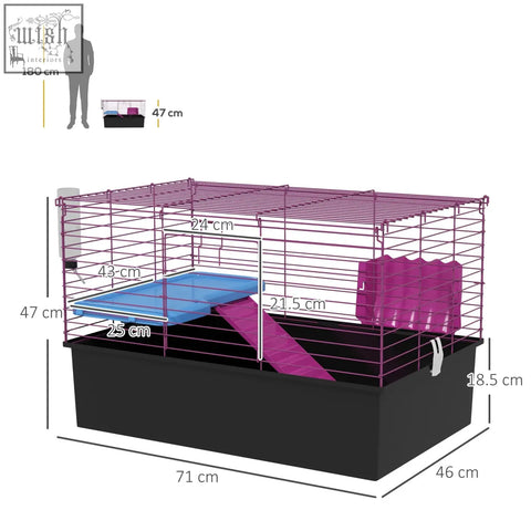 Pawhut purple wire cage with black base and blue pink accessories includes water bottle hay feeder 71l x 46wcm size