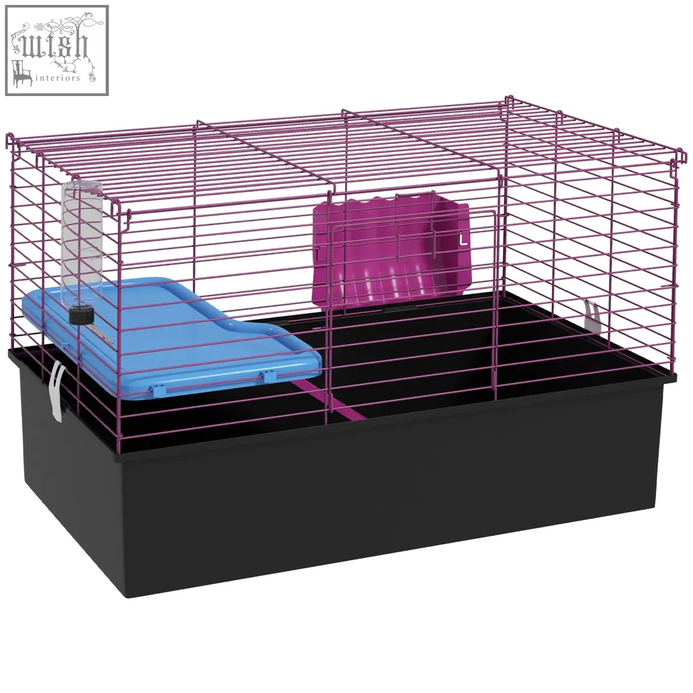 Purple wire cage with black base and blue and pink accessories including water bottle and hay feeder 71l x 46wcm