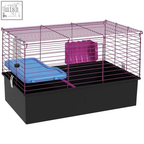 Purple wire cage with black base and blue and pink accessories including water bottle and hay feeder 71l x 46wcm