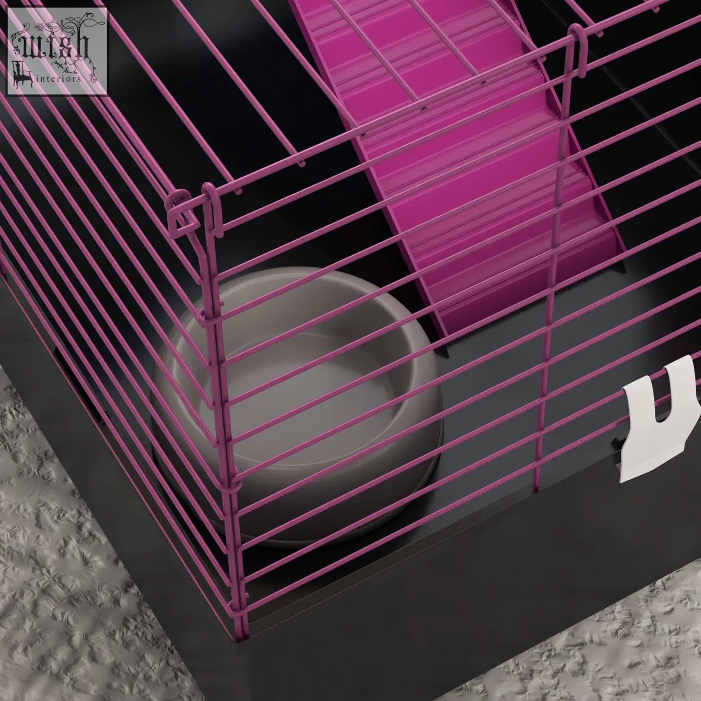 Pink wire cage for small animals by PawHut with gray water bowl hay feeder and water bottle 71l x 46wcm