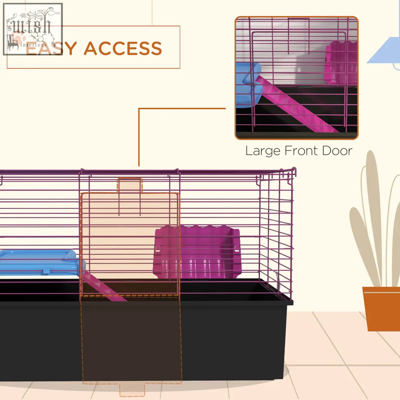 Purple wire cage with black base and colorful accessories includes water bottle and hay feeder 71l x 46wcm pet playhouse