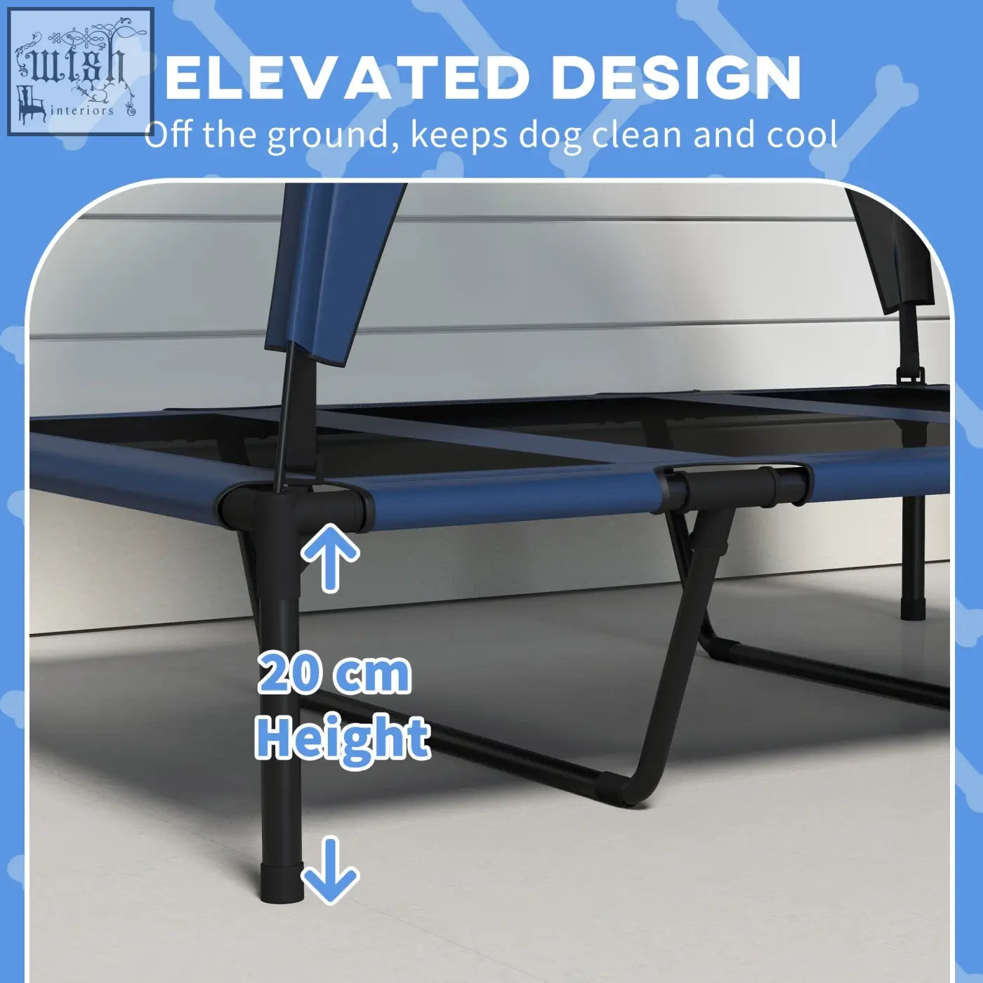 Blue and black elevated dog bed with breathable mesh and sturdy metal frame in dark blue for large dogs
