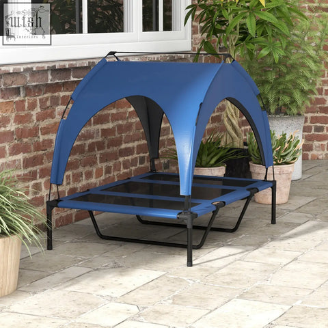 Blue pet cot with black metal frame breathable mesh and uv-resistant dark blue canopy for large dogs