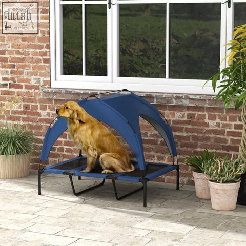 Dark blue pawhut cooling raised dog bed with breathable mesh and uv-resistant canopy on black metal frame