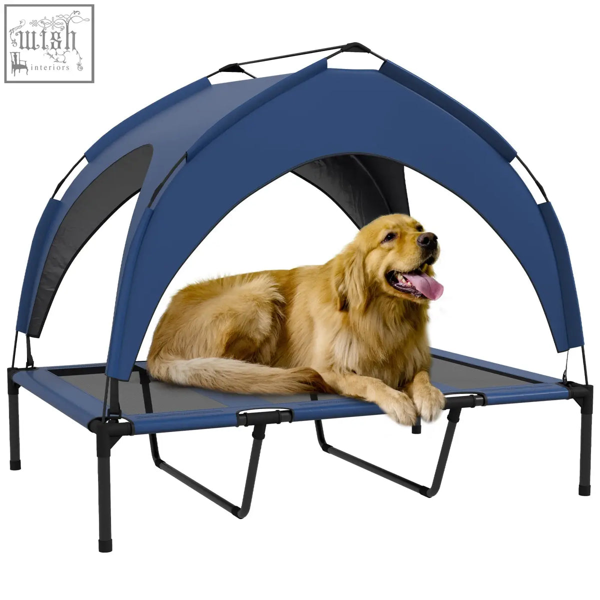 Dark blue pawhut cooling raised pet bed with breathable mesh sides and uv-resistant canopy for large dogs