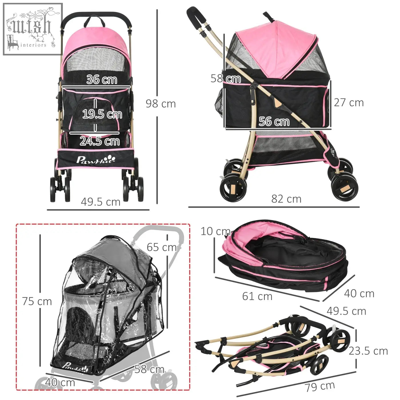 Pink and black pawhut pet stroller with mesh canopy rain cover foldable frame and universal wheels for small dogs simple storage