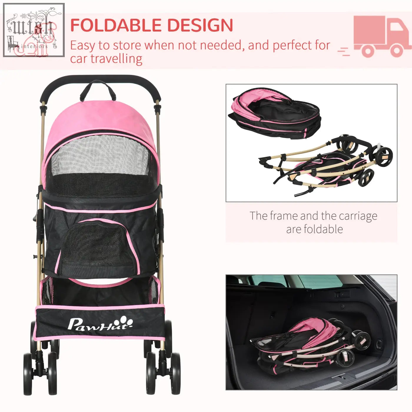 Pink and black pawhut foldable pet stroller with mesh canopy gold frame rain cover for small dogs and simple storage