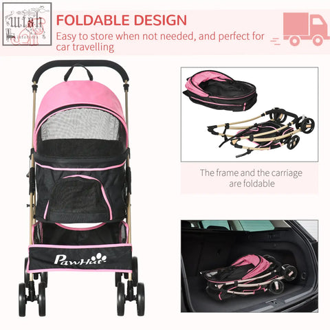 Pink and black pawhut foldable pet stroller with mesh canopy gold frame rain cover for small dogs and simple storage