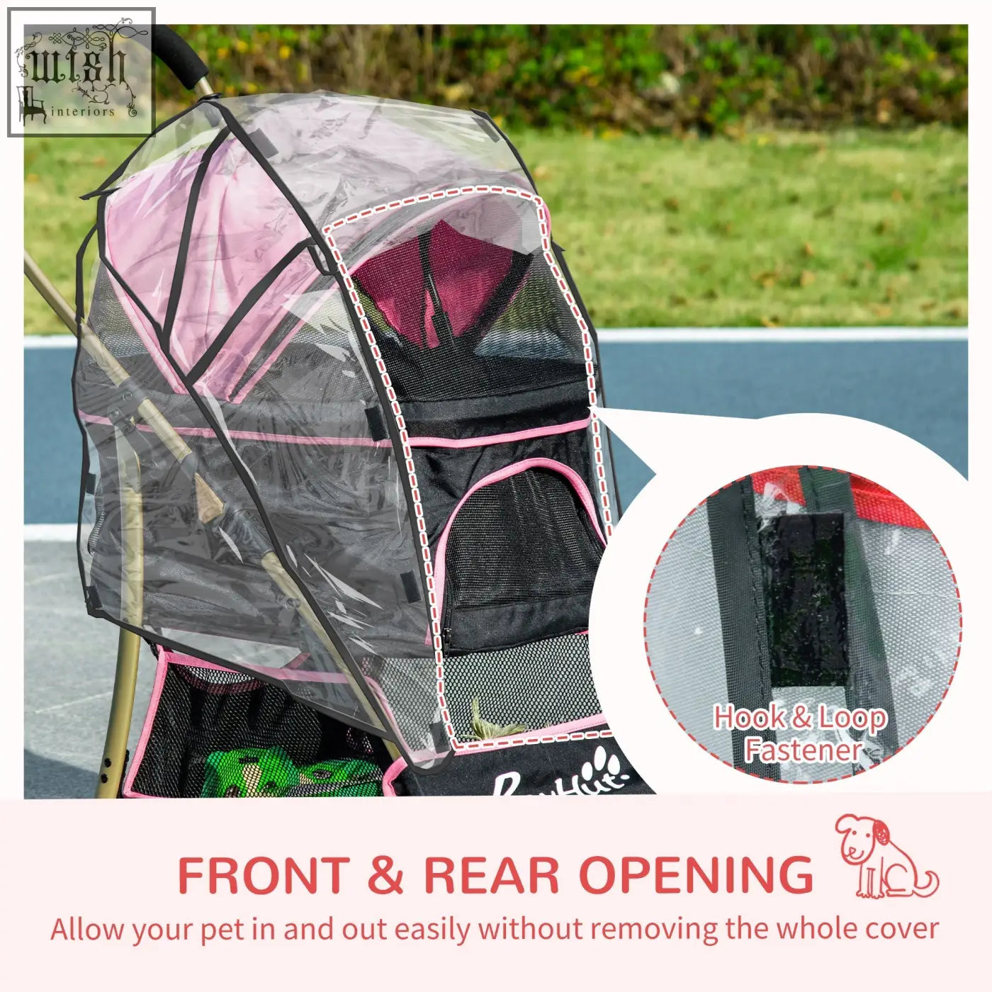 Pink and black mesh pawhut pet stroller with transparent rain cover designed for small dogs and simple storage features