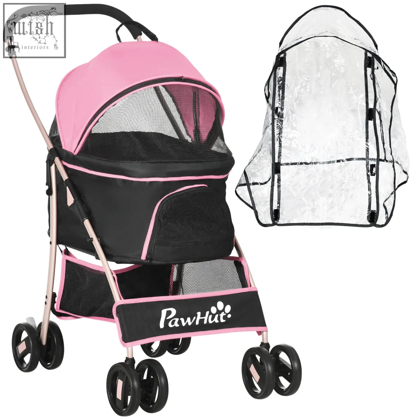 Pink and black pawhut pet stroller with mesh sides and clear rain cover for small dogs with simple storage options