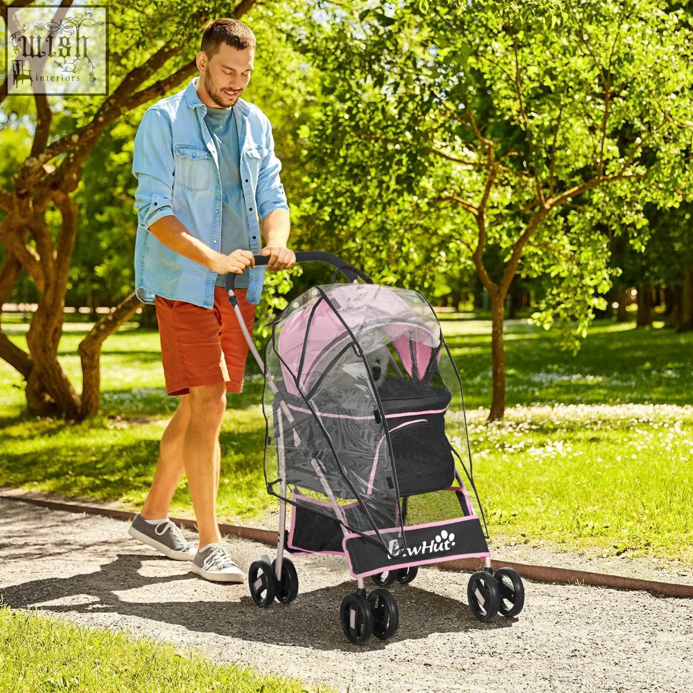 Pawhut pink and black pet stroller with clear rain cover for small dogs foldable with simple storage and universal wheels