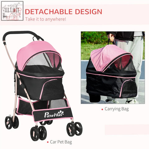 Pink and black pawhut detachable pet stroller with mesh sides rain cover and simple storage for small dogs