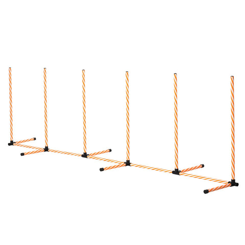 Set of six orange and white striped plastic weave poles with black connectors for pawhut dog agility training outdoors