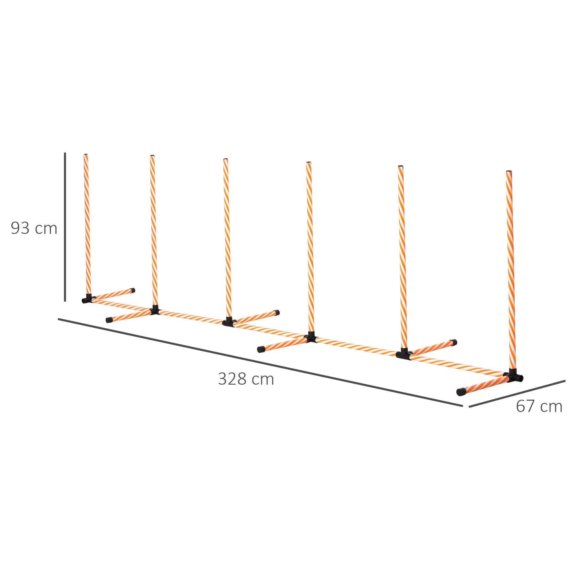 A set of six orange and white striped pawhut weave poles with black connectors for outdoor dog agility training